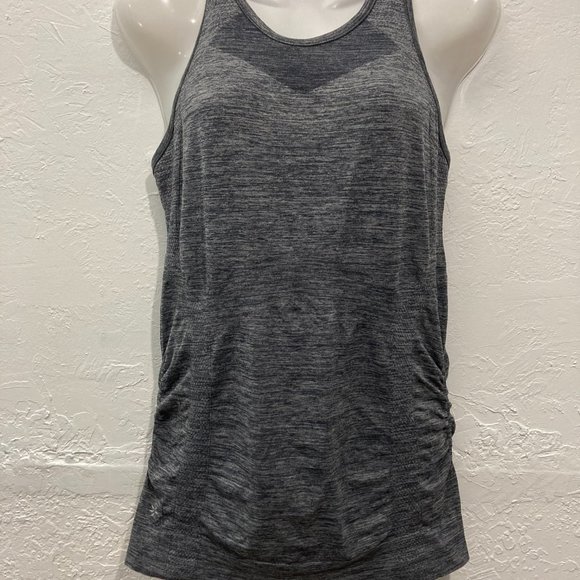 Athleta Finish Fast Racerback Tank Top Heather Gray Ruched sides Logo Athletic M - Picture 6 of 10
